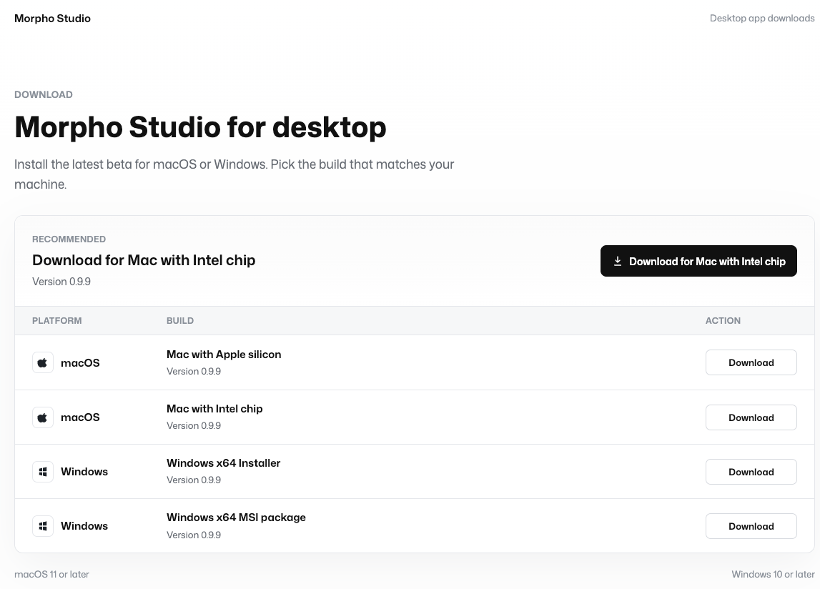 Morpho Studio official download page with available installers