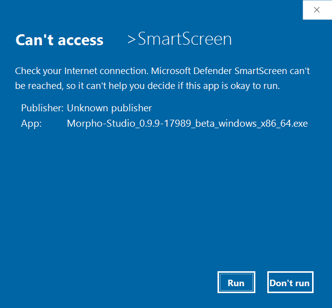 Windows security warning shown when opening the Morpho Studio installer